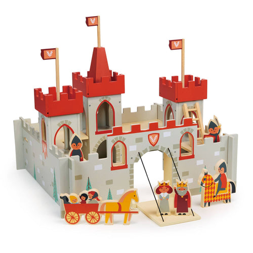 Large wooden toy castle by Mentari with a drawbridge, three towers, flags, and six wooden play figures including a king and queen.