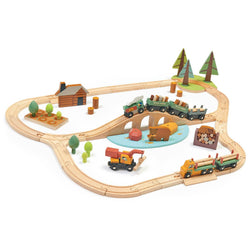 Wooden Wild Pines Train Set by Tender Leaf Toys featuring a track, engine, carriages, fir trees, and a tree nursery.