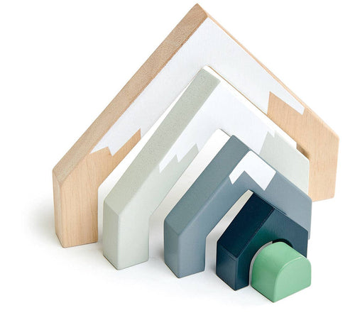 A wooden mountain pass stacking toy with five illustrated arches and a tunnel space.