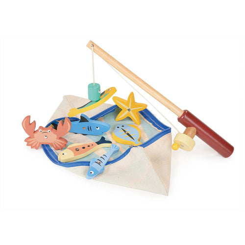 Wooden magnetic fishing game by Mentari showing a rod, seven sea creatures with numbers, and a zipped blue wave patterned bag.