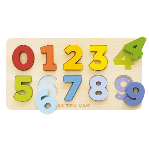 Wooden rainbow counting puzzle by Le Toy Van with colourful numbered pieces from 1-9 and corresponding counting dots on the base board.