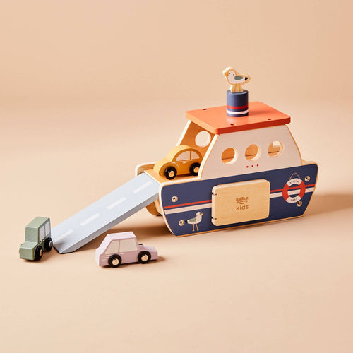 Wooden ferry play set by Just Bee Kids with a blue ramp and three colorful wooden cars rolling on and off, designed for toddlers.