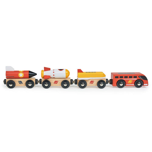 Wooden rocket train set by Mentari, showing an engine and three carriages with removable orange and yellow rockets, magnetically linked.