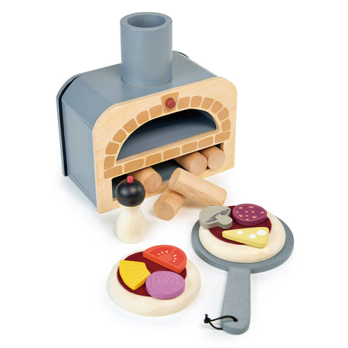 Wooden pizza oven toy set with two pizza bases, felt and wooden toppings, a pizza slice, and wooden logs.