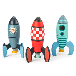 Wooden Rocket Construction Set by Tender Leaf Toys, showing 18 colourful pieces that can be assembled to build three different rockets.
