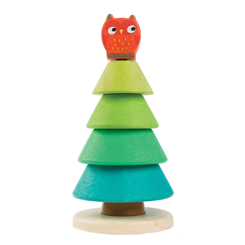 Wooden Stacking Fir Tree Toy by Tender Leaf Toys, featuring a green base, four stacking rings, and an owl topper.
