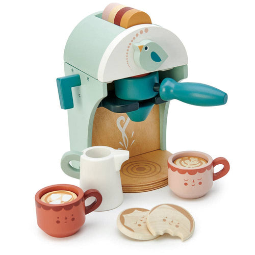 TextWooden Babyccino coffee machine toy set by Tender Leaf Toys, featuring a clacking bird dial, colorful pods, milk jug, and two happy face cups.