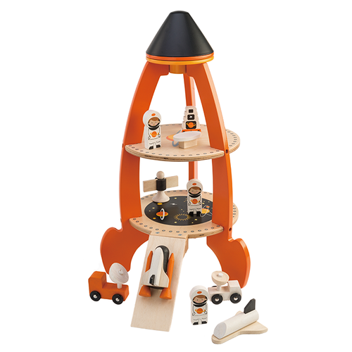 Large wooden Cosmic Rocket set by Tender Leaf Toys with three astronauts, two space shuttles, lunar vehicles, and a computer station.