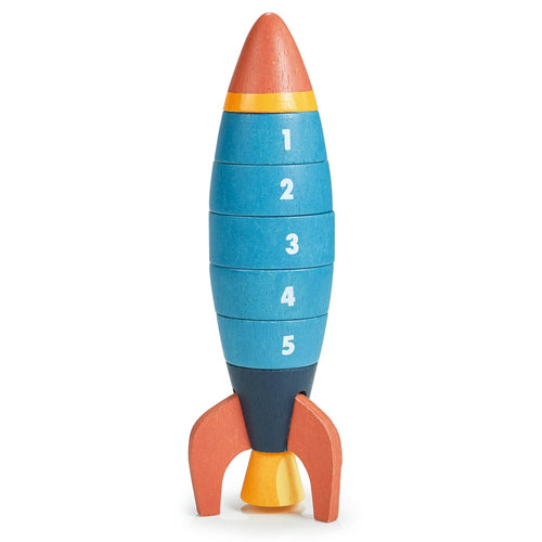Wooden rocket stacking ring toy by Mentari, showing numbered rings 5 to 1 to be assembled in the correct order.