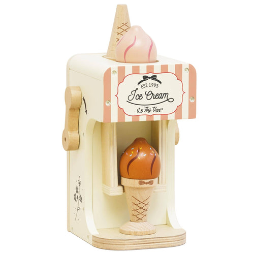 Wooden ice cream machine toy by Le Toy Van, decorated in pastel shades with a flavour switch, pull down lever, and cones for creative role play.
