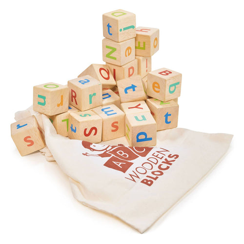 26 solid wooden stacking blocks by Mentari, decorated with colourful upper and lower case alphabet letters, presented in a drawstring bag.