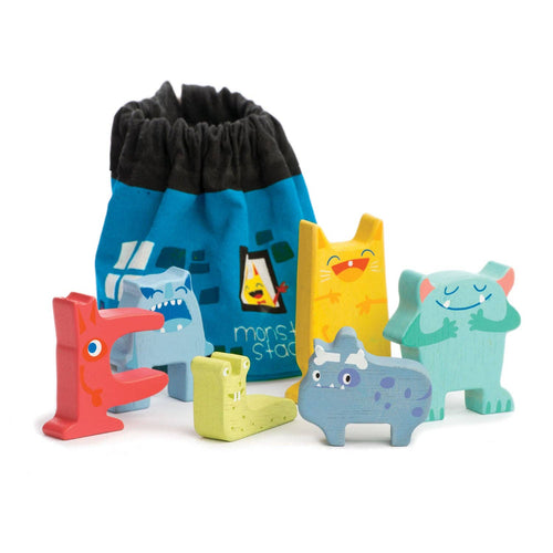 Six colourful, chunky wooden stackable monster figures packed neatly into a drawstring canvas storage bag.