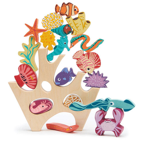 Wooden Stacking Coral Toy by Tender Leaf Toys, showing 18 colourful sea creatures and shells balancing on a coral rock
