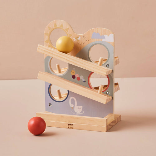 Wooden ball runner toy by Just Bee Kids, showing colourful balls rolling down a track system, designed for visual tracking and early learning.